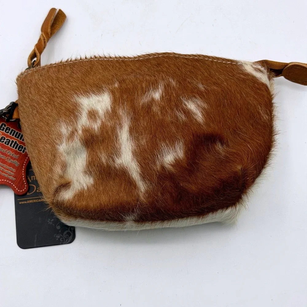 American Darling Brown White Cowhide Leather Wristlet Clutch Bag NEW